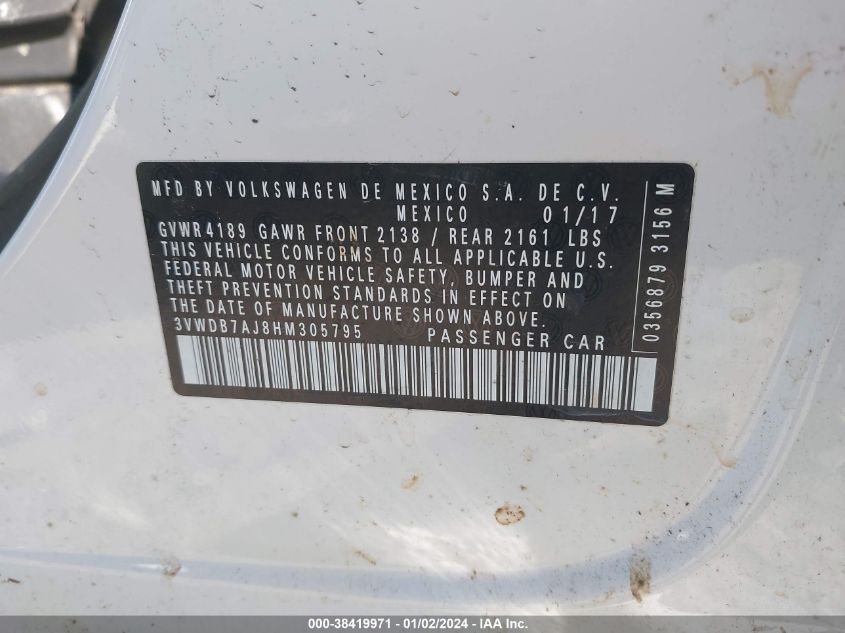 2017 VOLKSWAGEN JETTA SE - 3VWDB7AJ8HM305795
