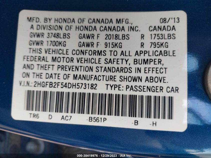 2013 HONDA CIVIC LX - 2HGFB2F54DH573182