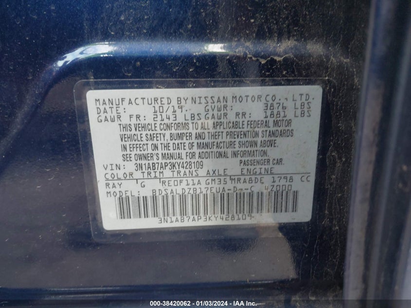 VIN 3N1AB7AP3KY428109 2019 NISSAN SENTRA S/SV/SR/SL