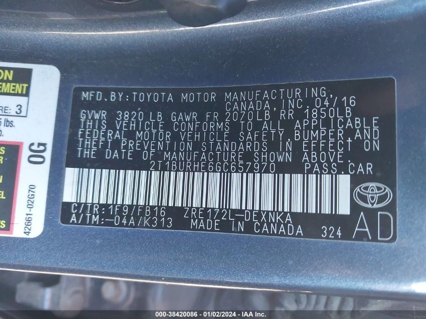 2016 TOYOTA COROLLA L/LE/LE PLS/PRM/S/S PLS - 2T1BURHE6GC657970