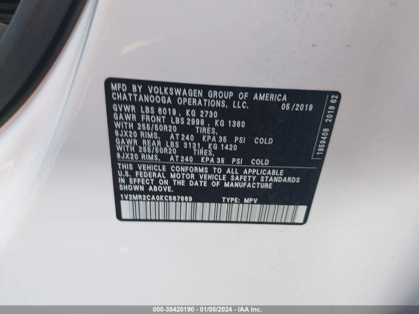 2019 VOLKSWAGEN ATLAS 3.6L V6 SEL - 1V2MR2CA0KC567669