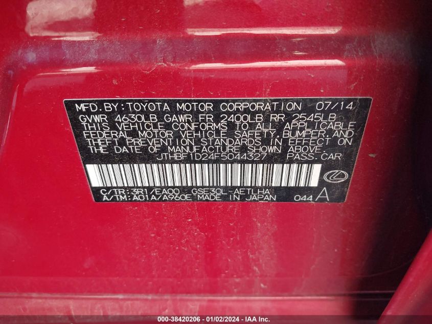 2015 LEXUS IS 250 250 - JTHBF1D24F5044327