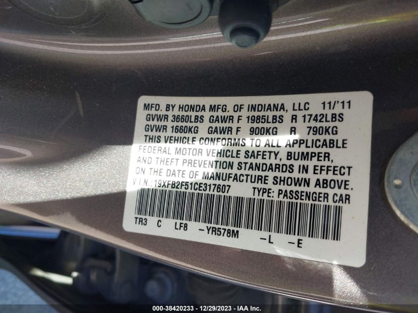 19XFB2F51CE317607 | 2012 HONDA CIVIC