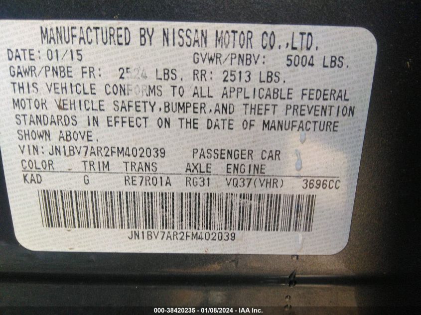 2015 INFINITI Q50 PREMIUM - JN1BV7AR2FM402039