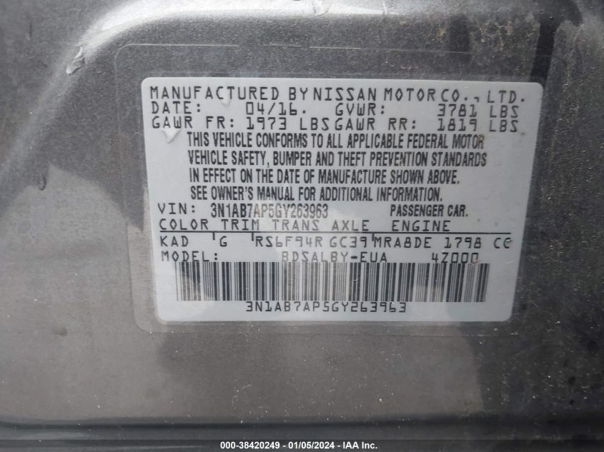 2016 NISSAN SENTRA S/SV/SR/SL - 3N1AB7AP5GY263963