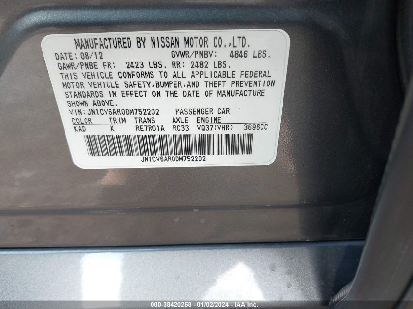 2013 INFINITI G37X JN1CV6AR0DM752202