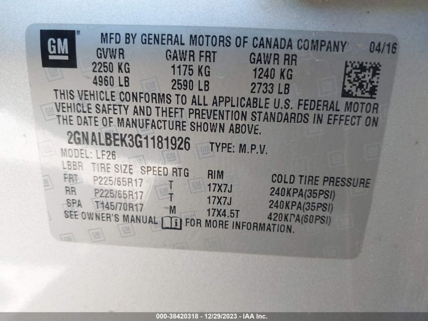 2016 CHEVROLET EQUINOX LS - 2GNALBEK3G1181926