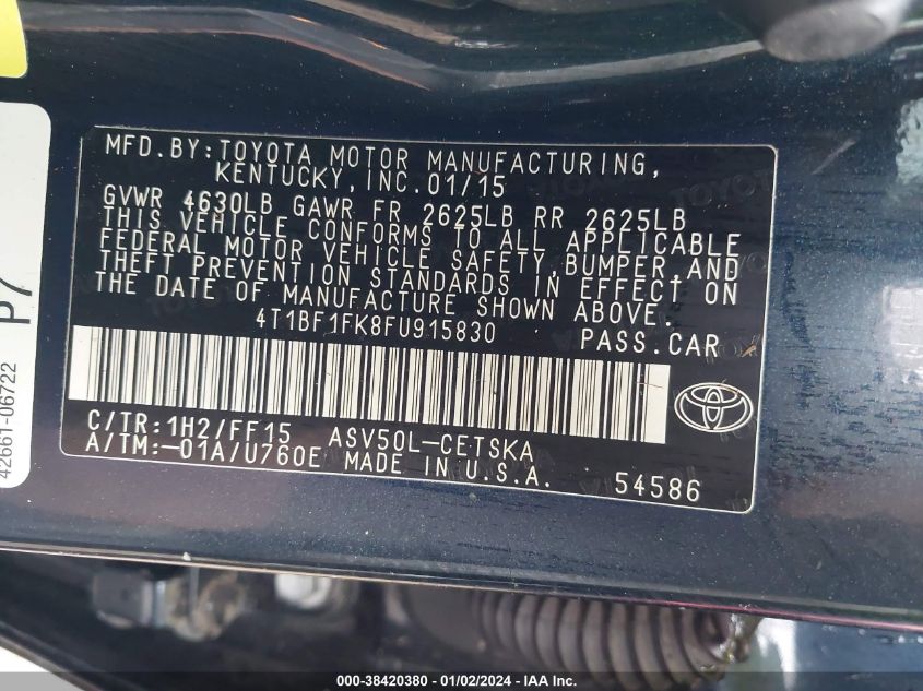 2015 TOYOTA CAMRY LE/XLE/SE/XSE - 4T1BF1FK8FU915830