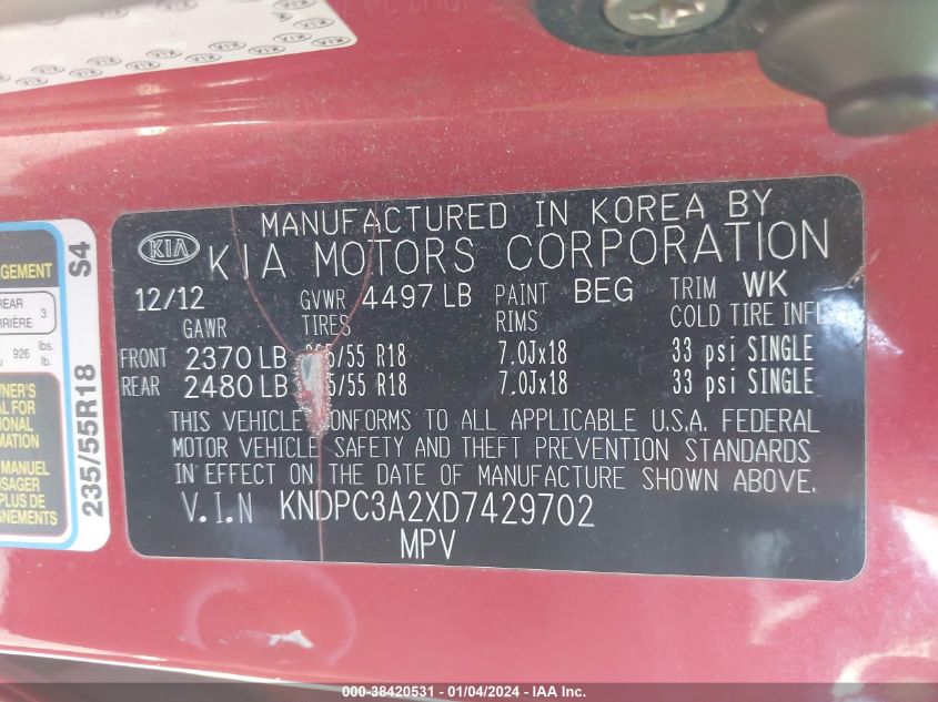 2013 KIA SPORTAGE EX - KNDPC3A2XD7429702