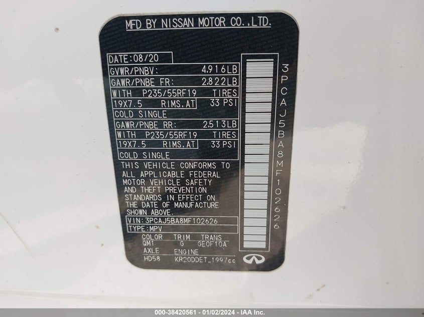 VIN 3PCAJ5BA8MF102626 2021 INFINITI QX50 LUXE