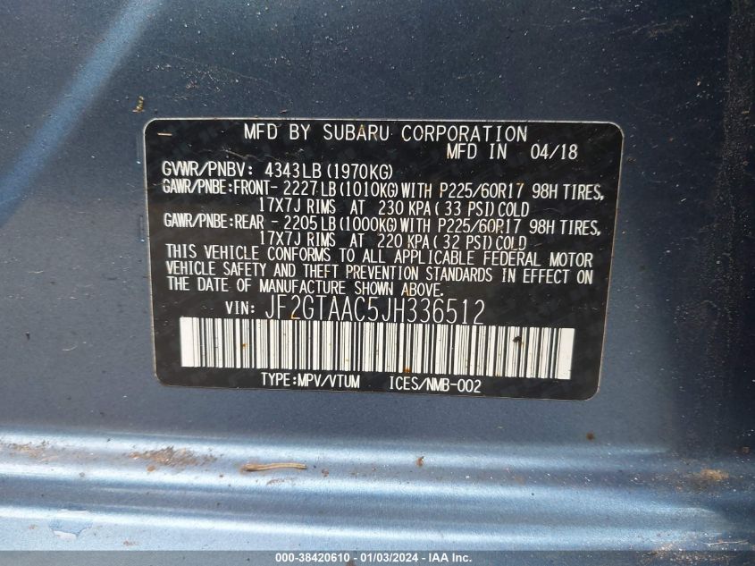 2018 SUBARU CROSSTREK - JF2GTAAC5JH336512