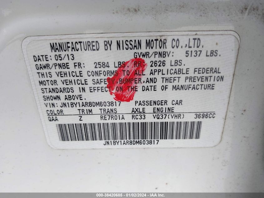 2013 INFINITI M37X JN1BY1AR8DM603817