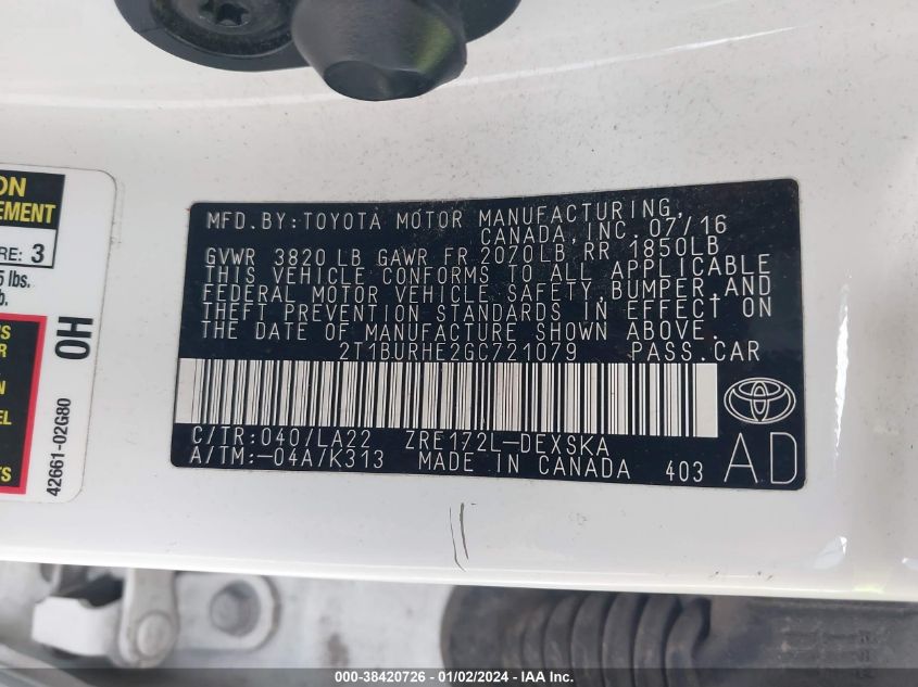 2016 TOYOTA COROLLA S PREMIUM - 2T1BURHE2GC721079