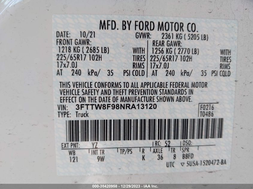 2022 FORD MAVERICK XL/XLT/LARIAT - 3FTTW8F98NRA13120