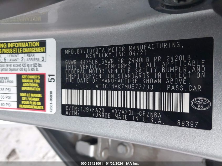 4T1C11AK7MU577733 | 2021 TOYOTA CAMRY