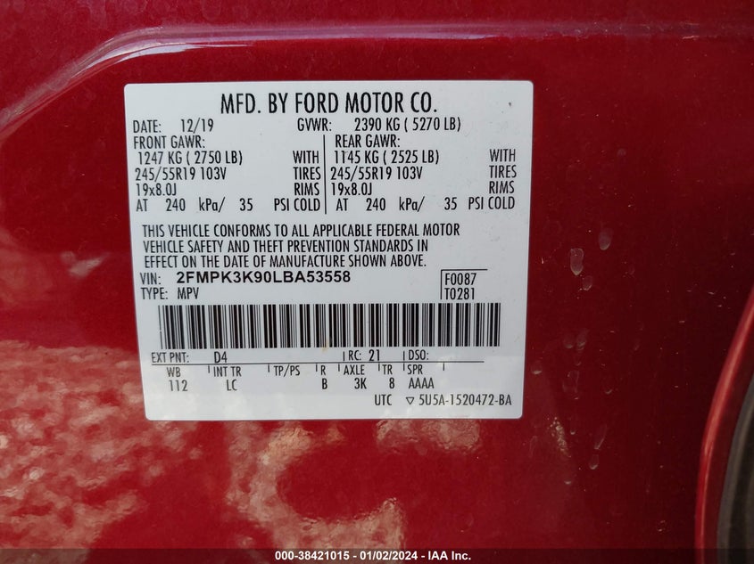 VIN 2FMPK3K90LBA53558 2020 FORD EDGE TITANIUM