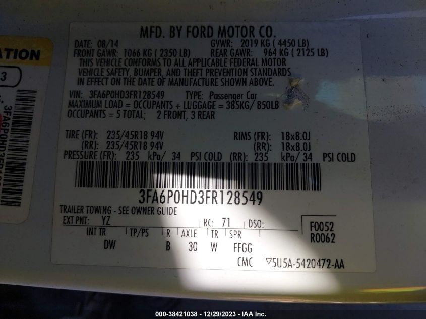 2015 FORD FUSION SE - 3FA6P0HD3FR128549