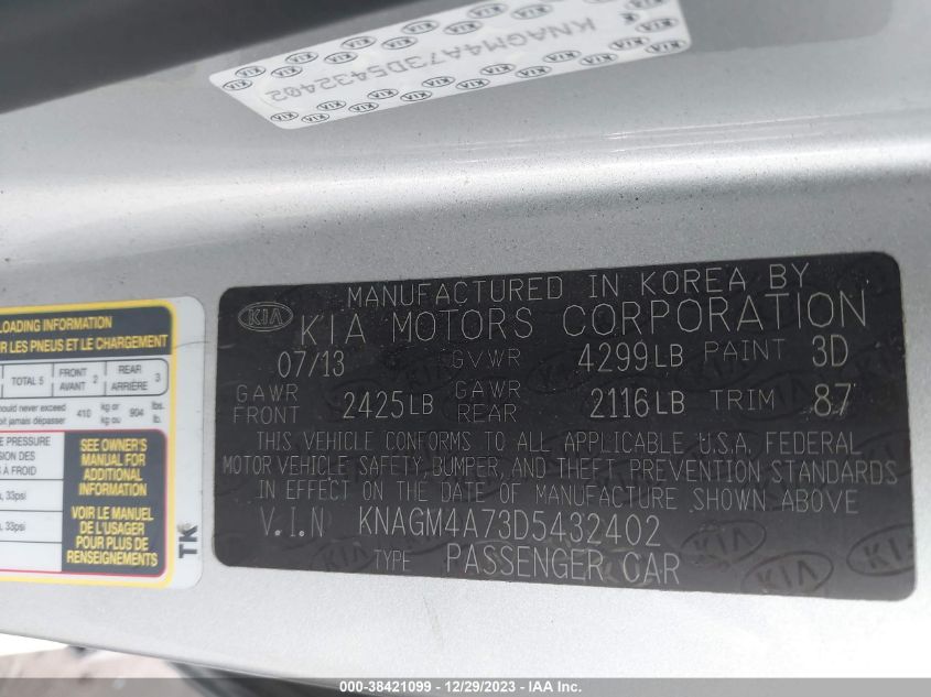 2013 KIA OPTIMA LX - KNAGM4A73D5432402