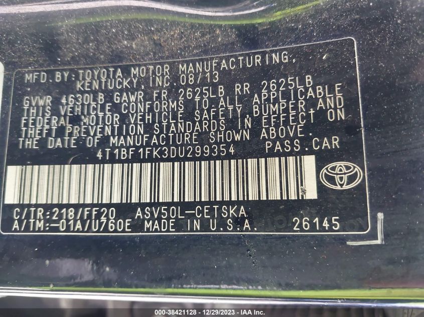 2013 TOYOTA CAMRY L/SE/LE/XLE - 4T1BF1FK3DU099354