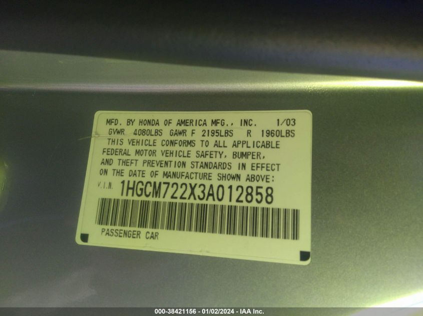 1HGCM722X3A012858 | 2003 HONDA ACCORD