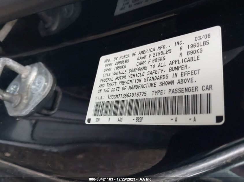 1HGCM71366A016775 | 2006 HONDA ACCORD