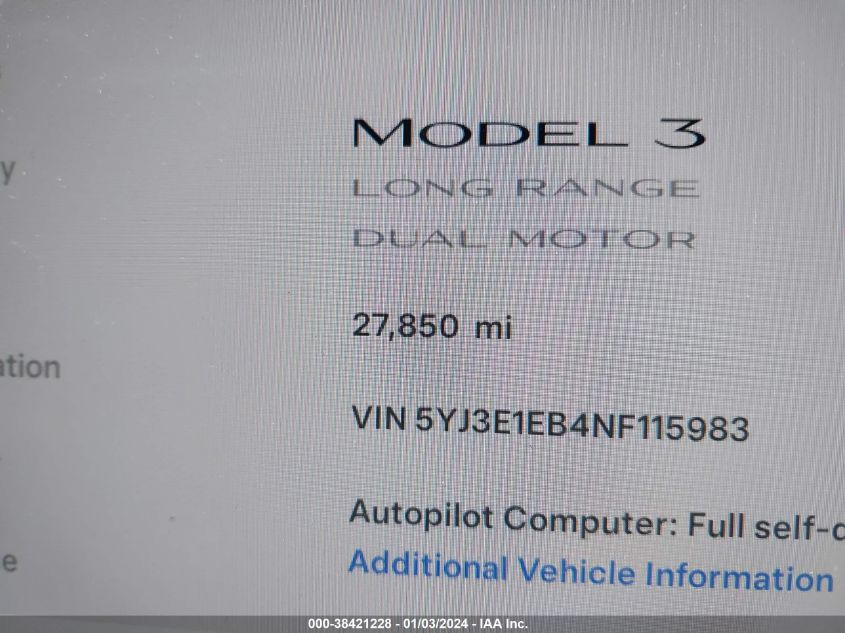 2022 TESLA MODEL 3 LONG RANGE DUAL MOTOR ALL-WHEEL DRIVE - 5YJ3E1EB4NF115983