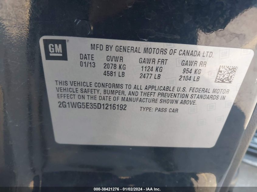 2013 CHEVROLET IMPALA LT - 2G1WG5E35D1216192