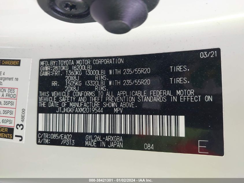2021 LEXUS RX 450HL JTJHGKFAXM2019544