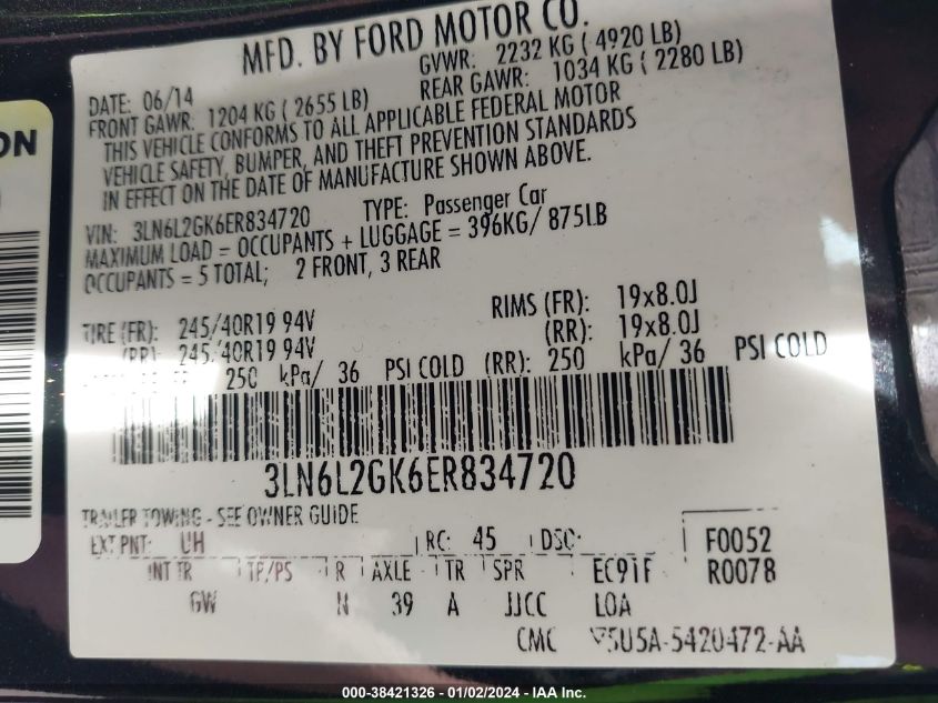 2014 LINCOLN MKZ - 3LN6L2GK6ER834720