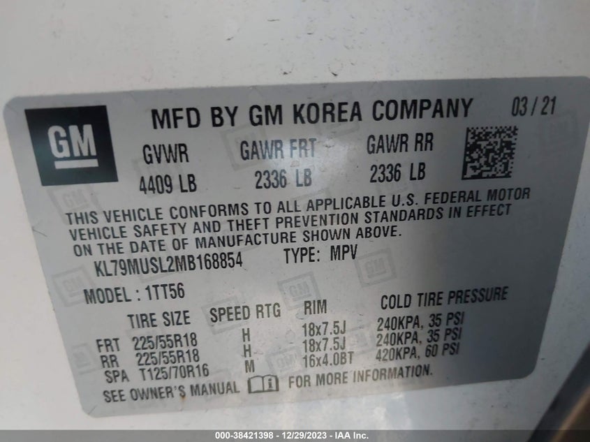 VIN KL79MUSL2MB168854 2021 CHEVROLET TRAILBLAZER RS
