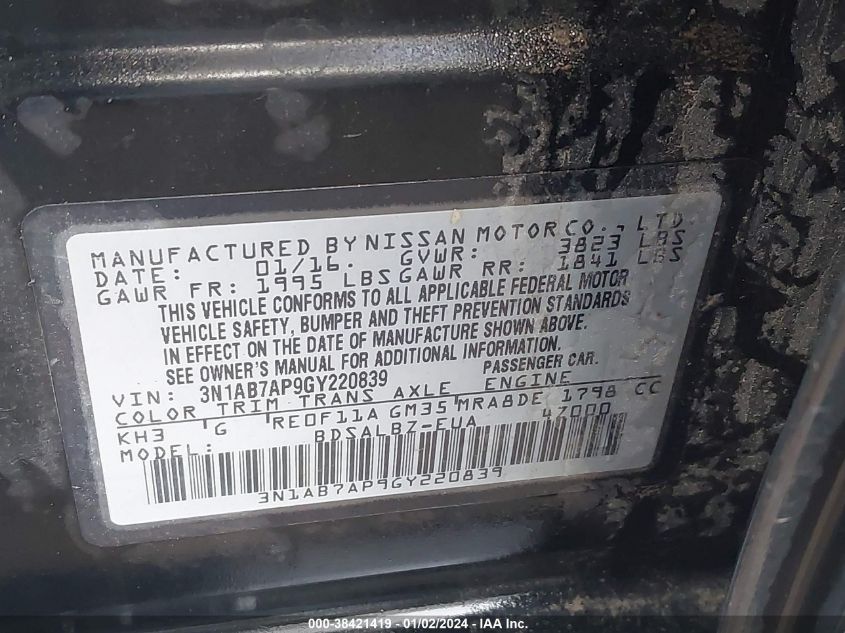 2016 NISSAN SENTRA S - 3N1AB7AP9GY220839