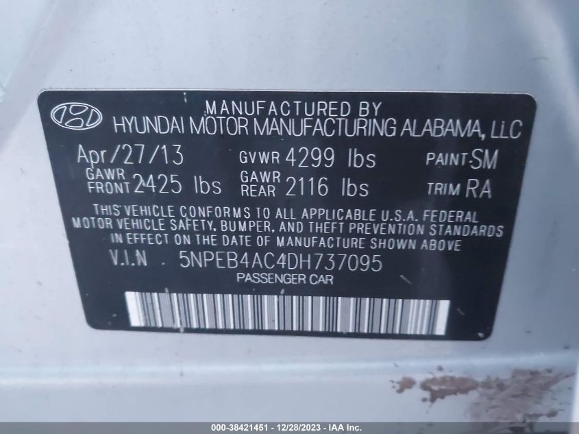 2013 HYUNDAI SONATA GLS - 5NPEB4AC4DH737095