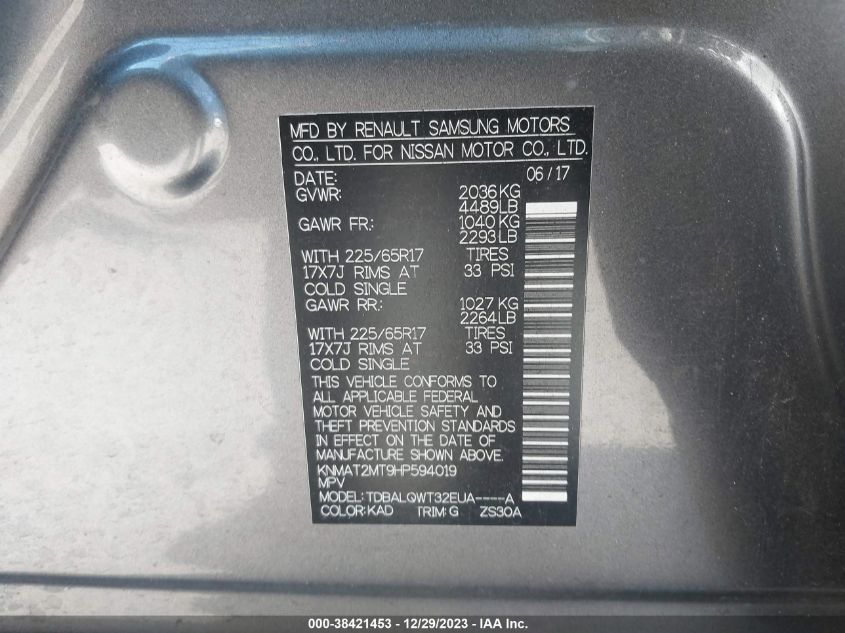 2017 NISSAN ROGUE S/SV - KNMAT2MT9HP594019