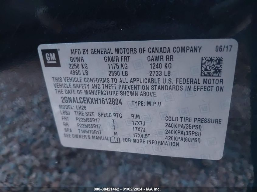 2017 CHEVROLET EQUINOX LT - 2GNALCEKXH1612804