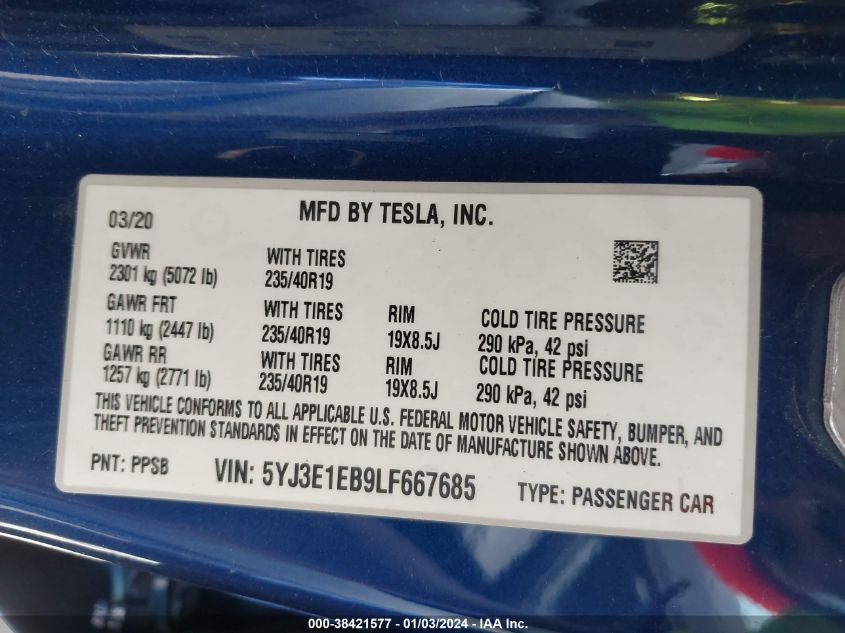 2020 TESLA MODEL 3 - 5YJ3E1EB9LF667685