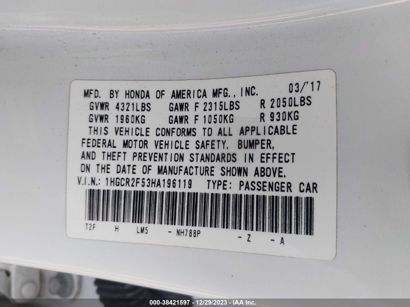 2017 HONDA ACCORD SPORT - 1HGCR2F53HA196119