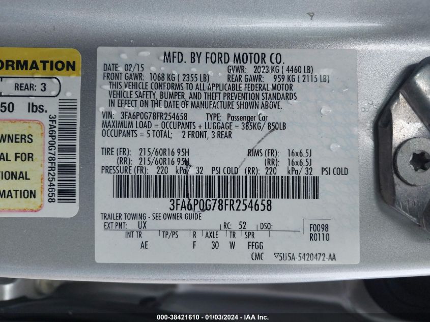 2015 FORD FUSION S - 3FA6P0G78FR254658