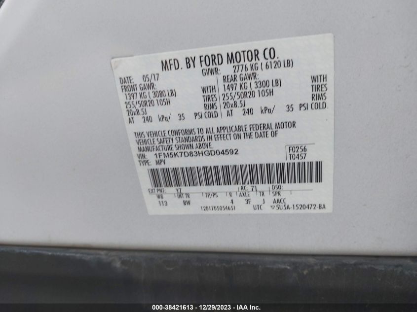VIN 1FM5K7D83HGD04592 2017 FORD EXPLORER XLT