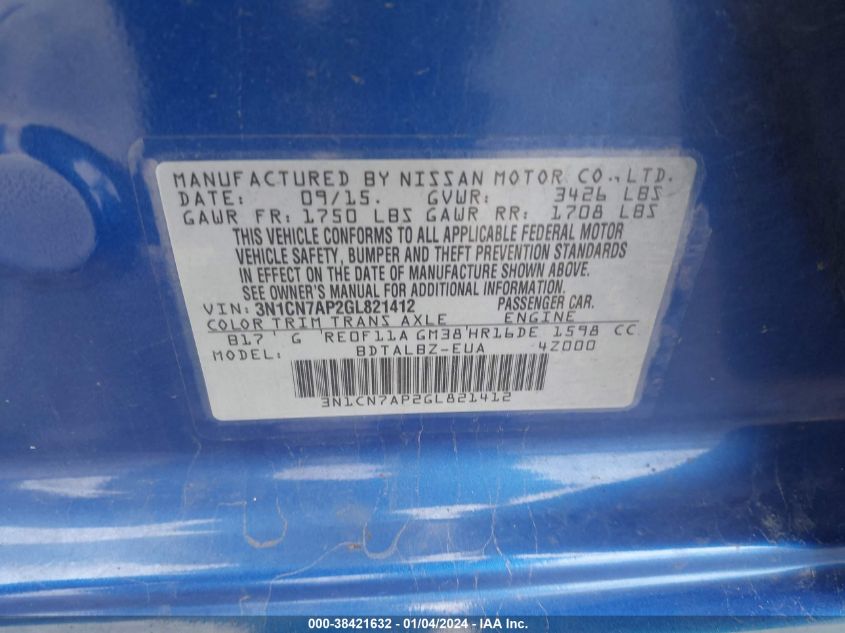 2016 NISSAN VERSA 1.6 SV - 3N1CN7AP2GL821412