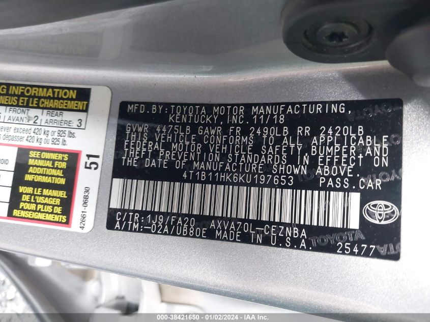 2019 TOYOTA CAMRY L/LE/XLE/SE/XSE - 4T1B11HK6KU197653