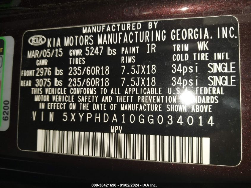 2016 KIA SORENTO EX - 5XYPHDA10GG034014