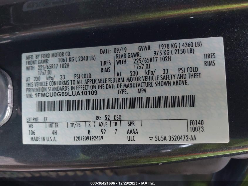 1FMCU0G69LUA10109 2020 FORD ESCAPE, photo no. 9