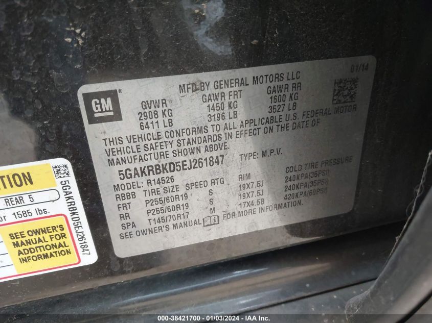 2014 BUICK ENCLAVE LEATHER - 5GAKRBKD5EJ261847