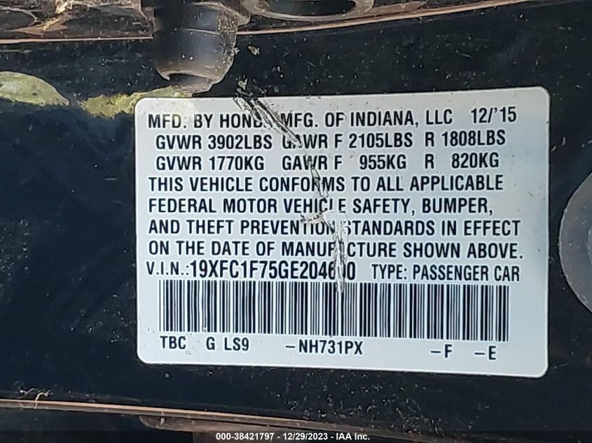 2016 HONDA CIVIC EXL - 19XFC1F75GE204600
