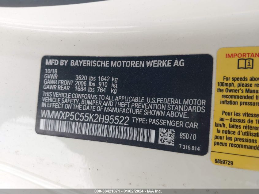 2019 MINI HARDTOP COOPER - WMWXP5C55K2H95522