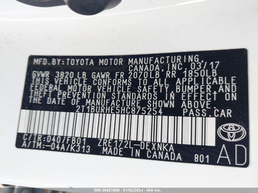 2017 TOYOTA COROLLA L/LE/XLE/SE/XSE - 2T1BURHE5HC875254