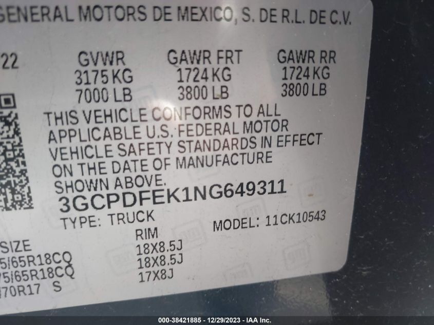 3GCPDFEK1NG649311 | 2022 CHEVROLET SILVERADO 1500