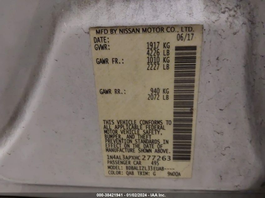 2017 NISSAN ALTIMA 2.5/S/SV/SL/SR - 1N4AL3APXHC277263