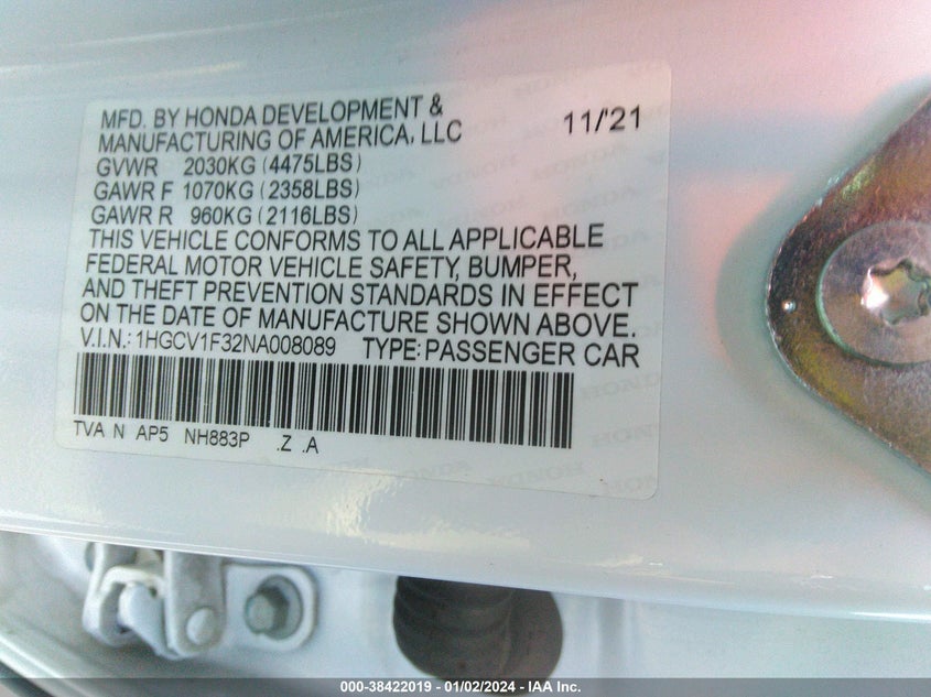VIN 1HGCV1F32NA008089 2022 HONDA ACCORD SPORT