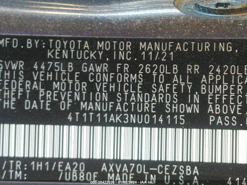 2022 TOYOTA CAMRY SE/NIGHT SHADE - 4T1T11AK3NU014115